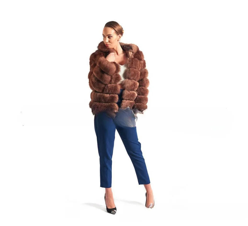 Women's artificial fur hooded coat in street fashion style with medium length
