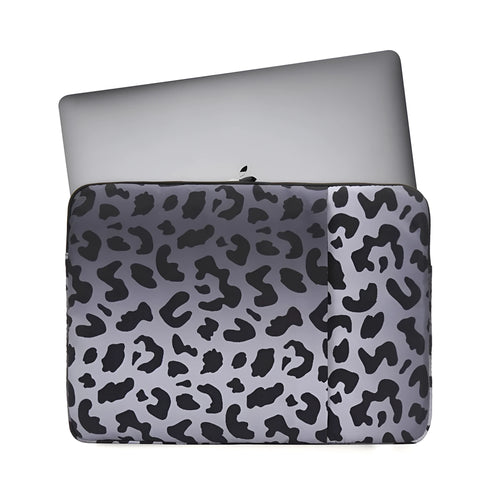 Leopard print laptop sleeve for 13-inch and 15.6-inch computers with waterproof anti-shock protection.