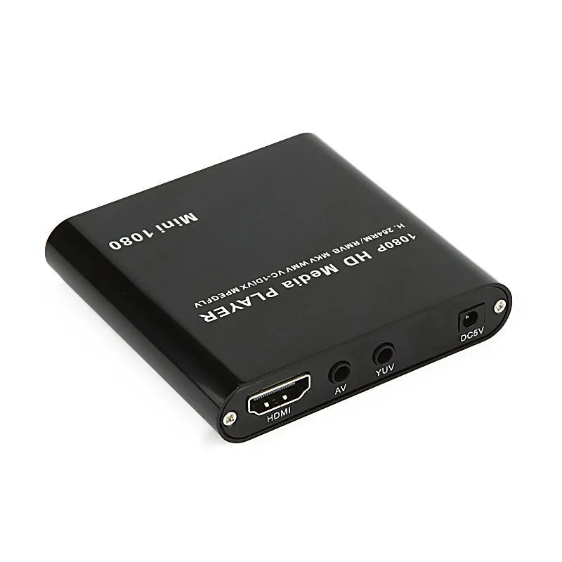 Compact blue 1080P HDMI media player with SD card and USB ports