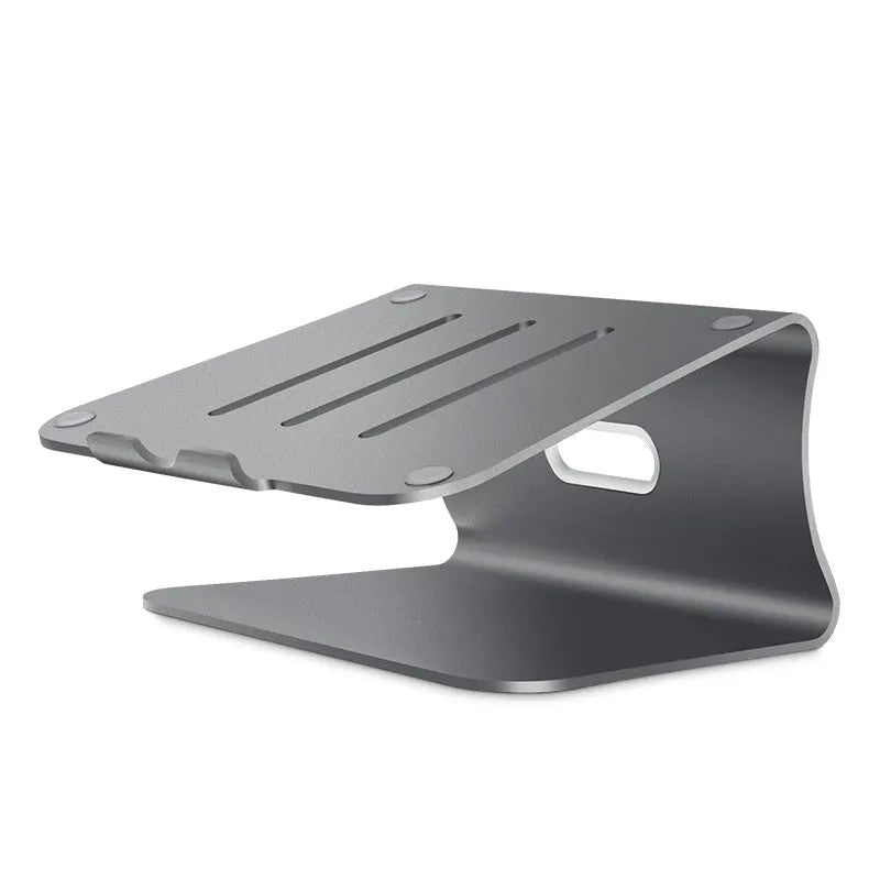 Aluminium alloy laptop cooling bracket with striped silver finish and adjustable rotary stand.