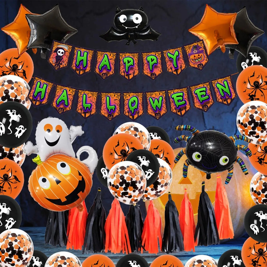 Halloween spider balloon arch decoration kit with white and black latex balloons featuring skull and pumpkin designs