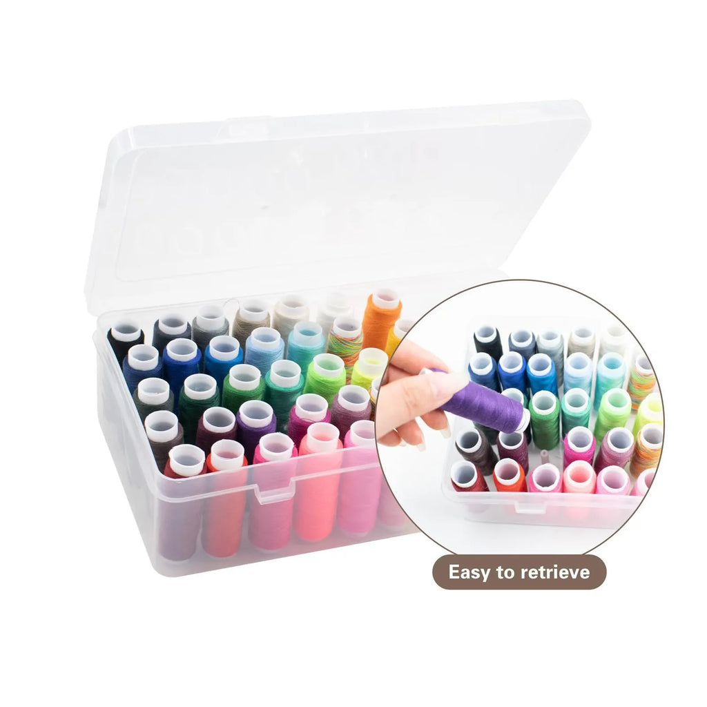 A 42-compartment transparent plastic sewing storage box for organising embroidery threads and needles.