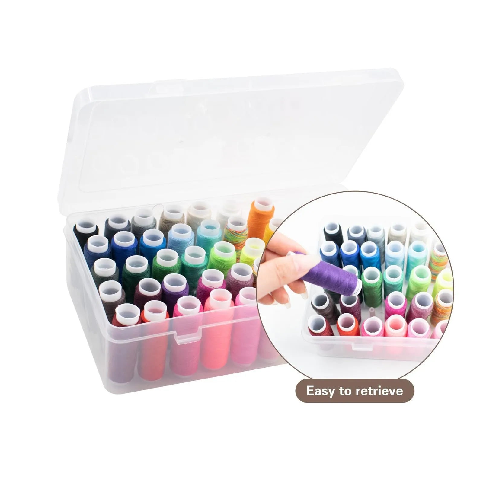 A 42-compartment transparent plastic sewing storage box for organising embroidery threads and needles.