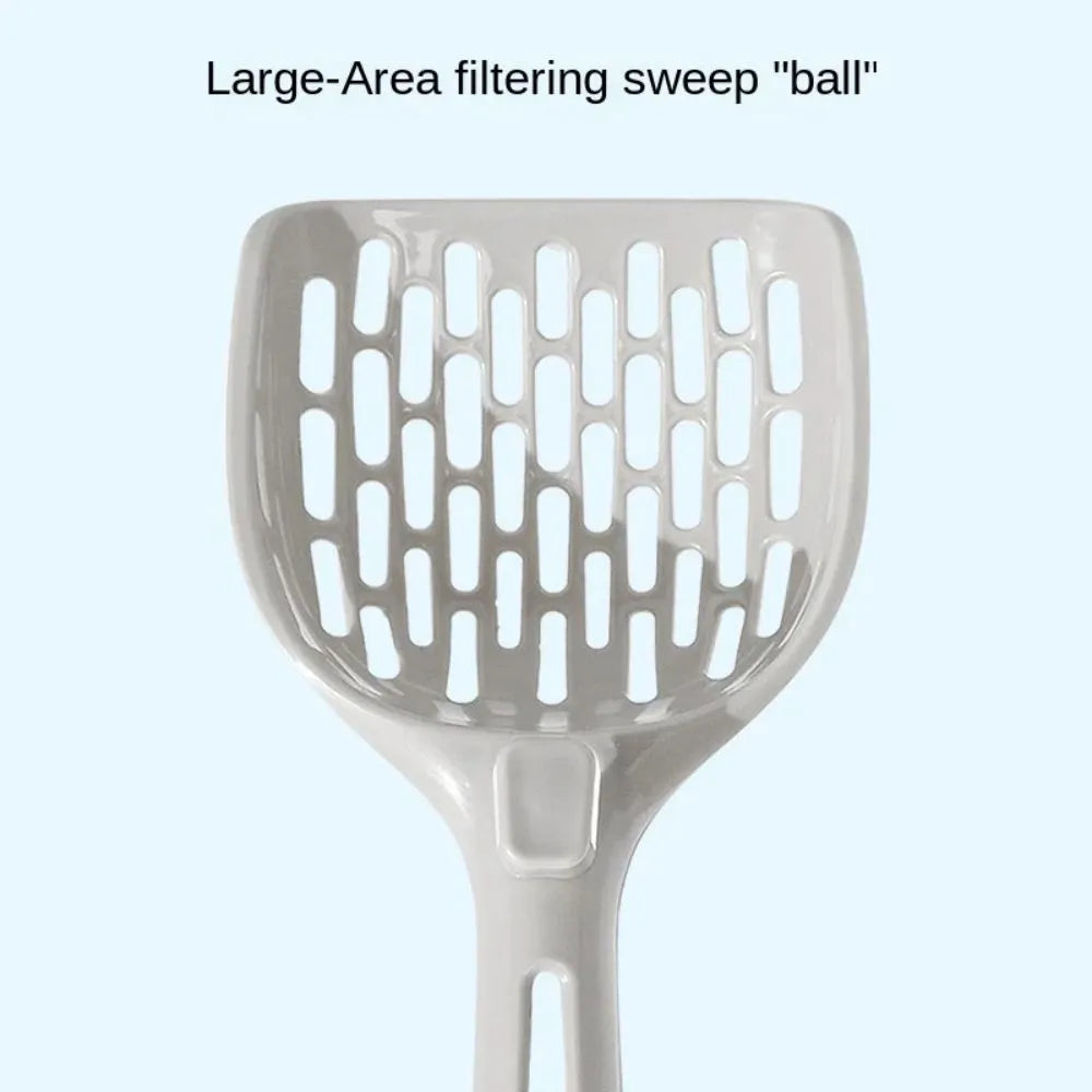 Grey plastic cat litter scoop with an attached base and a handle.