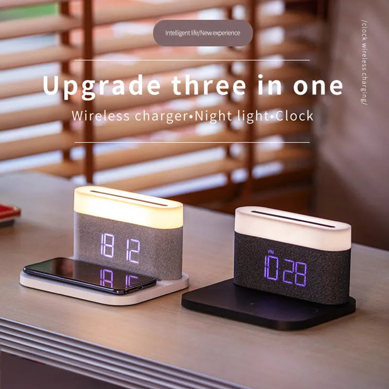 Black wireless charging desktop clock night light table lamp with glass shell