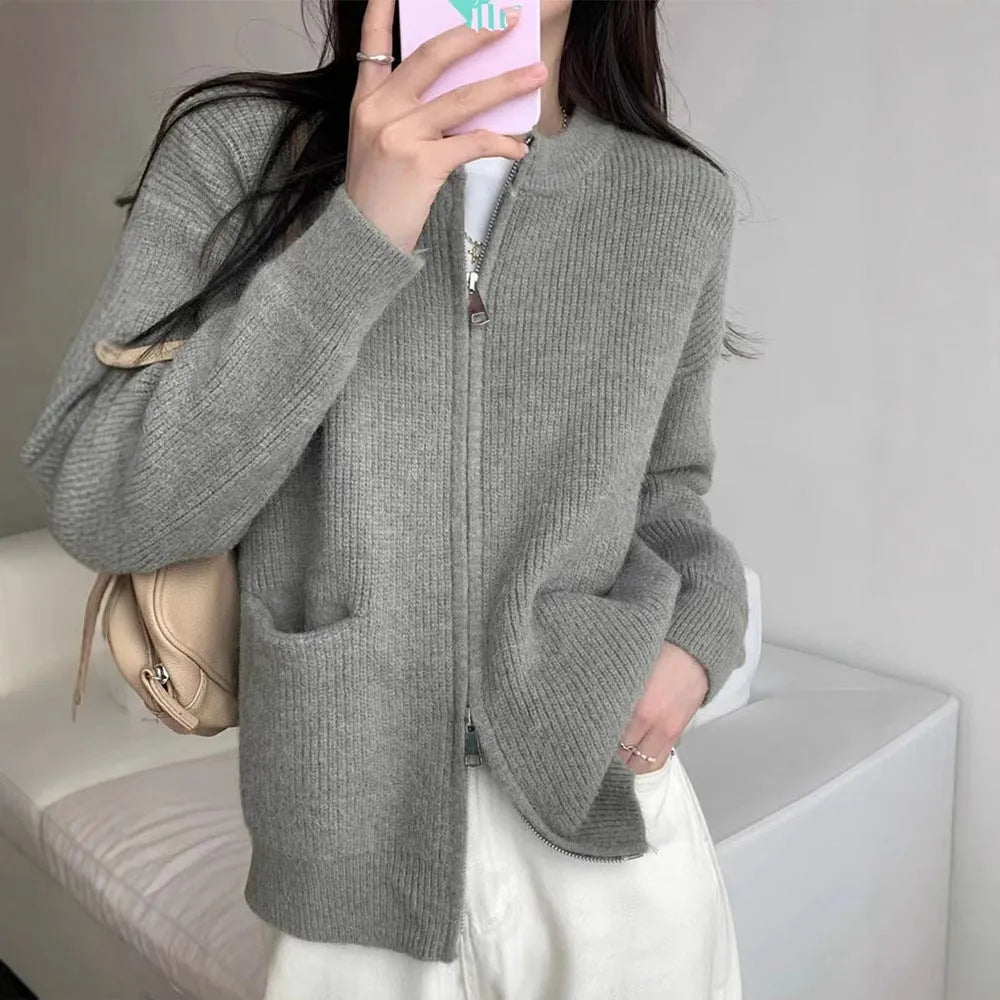 Women's beige viscose knit sweater coat with long sleeves and cardigan style