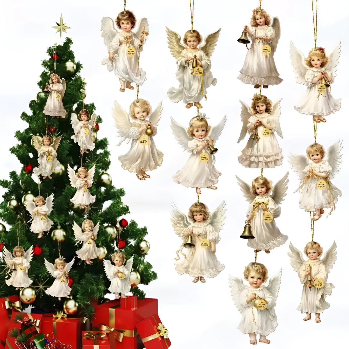 12-piece Victoria Angel wooden ornaments set in natural wood colour, density plate pendants for Christmas and party decoration