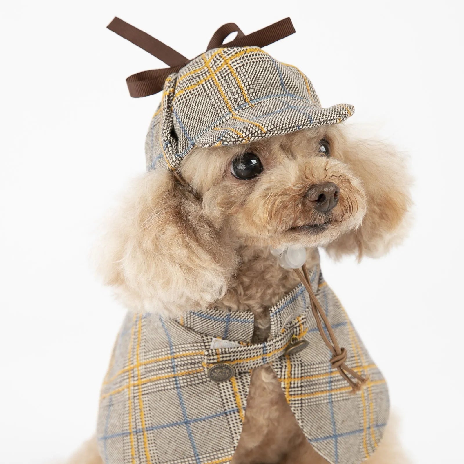 Camel coloured cotton pet cloak with adjustable hat for small dogs in spring and autumn