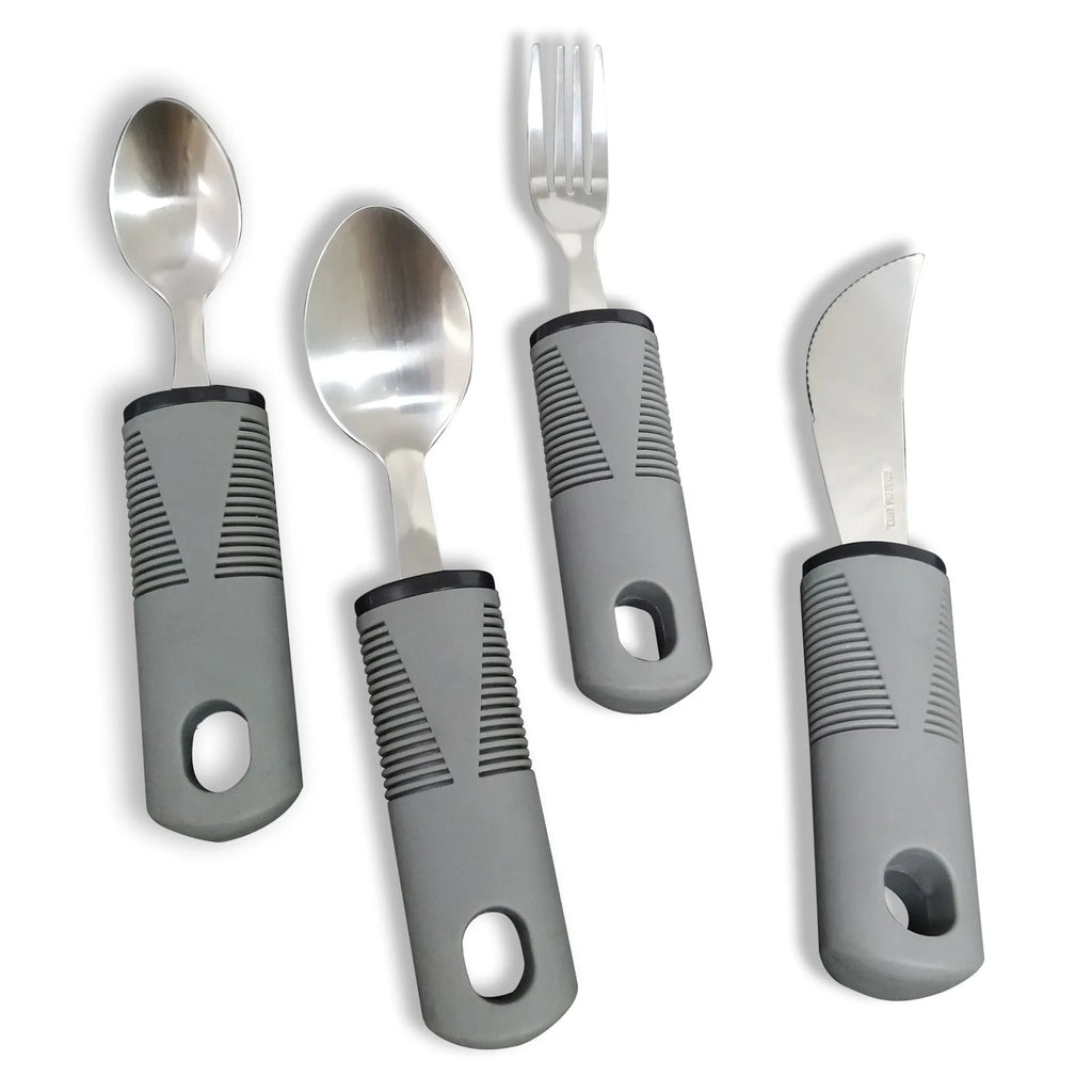 Stainless steel adaptive knife, fork, and spoon set with black rubberised easy-grip handles.