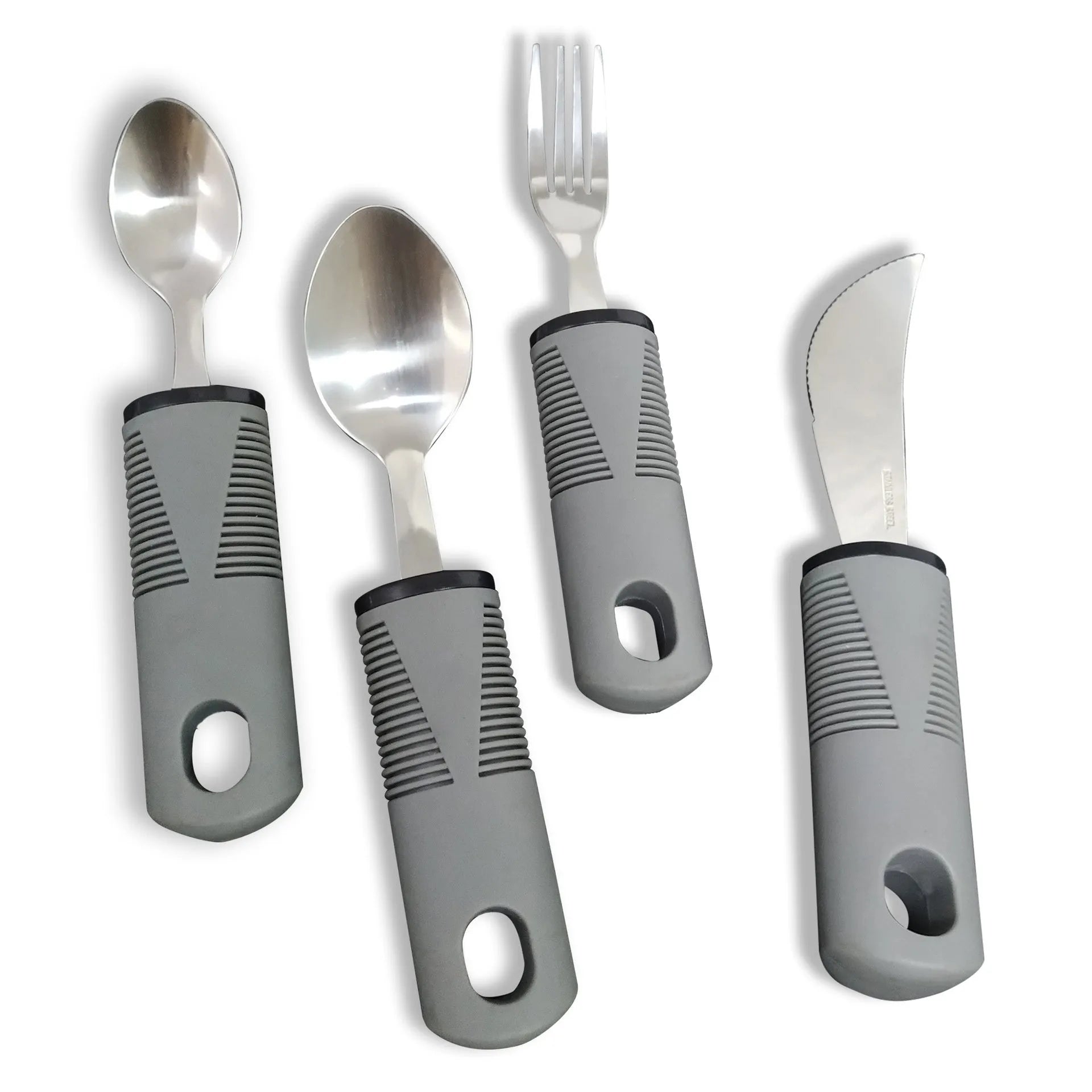 Stainless steel adaptive knife, fork, and spoon set with black rubberised easy-grip handles.