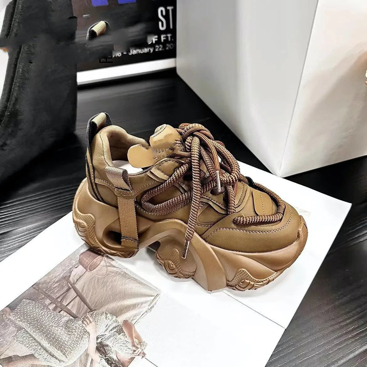 Women's casual wedge sneakers with cross straps, round toe, and 6-8cm wedge heel in synthetic leather