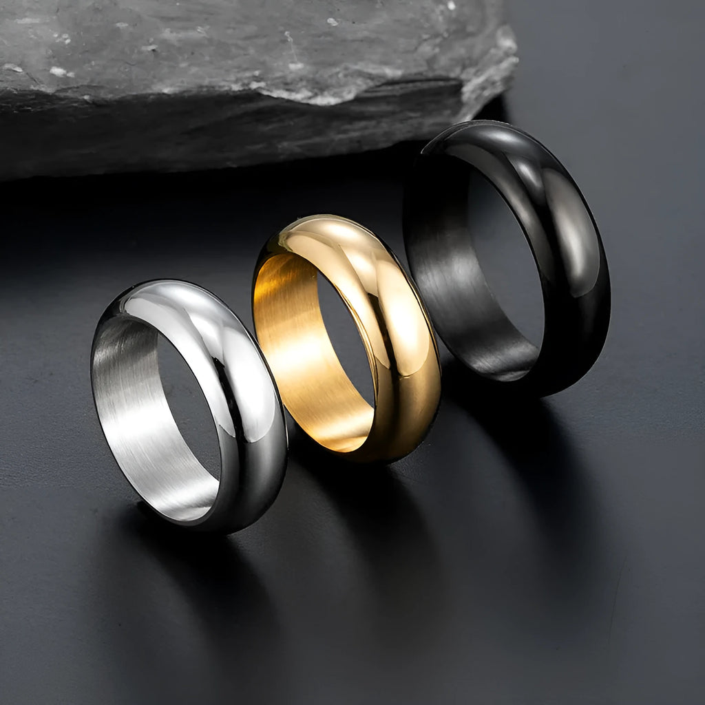 Electroplated titanium steel ring in glossy gold, black or steel colour on size display