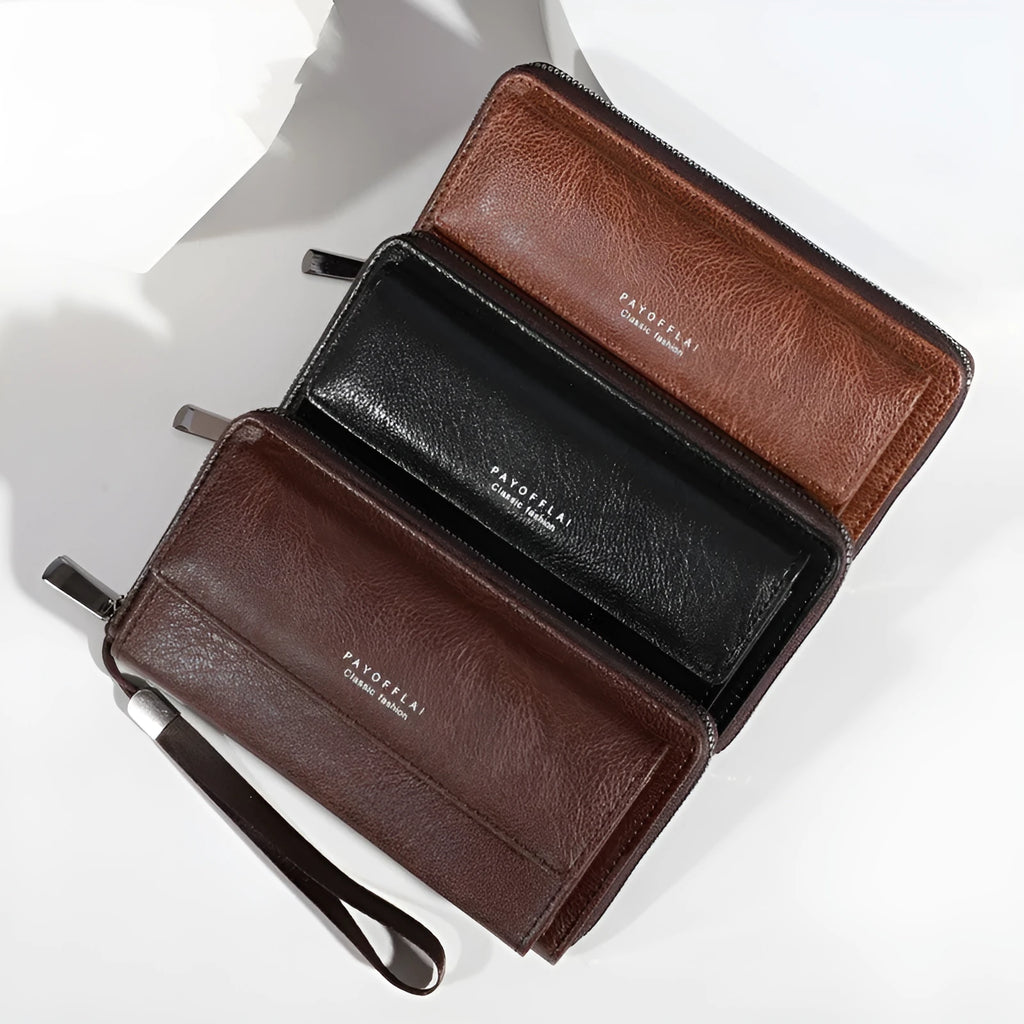 Men's black PU leather long wallet with multiple card slots, shown open and closed.