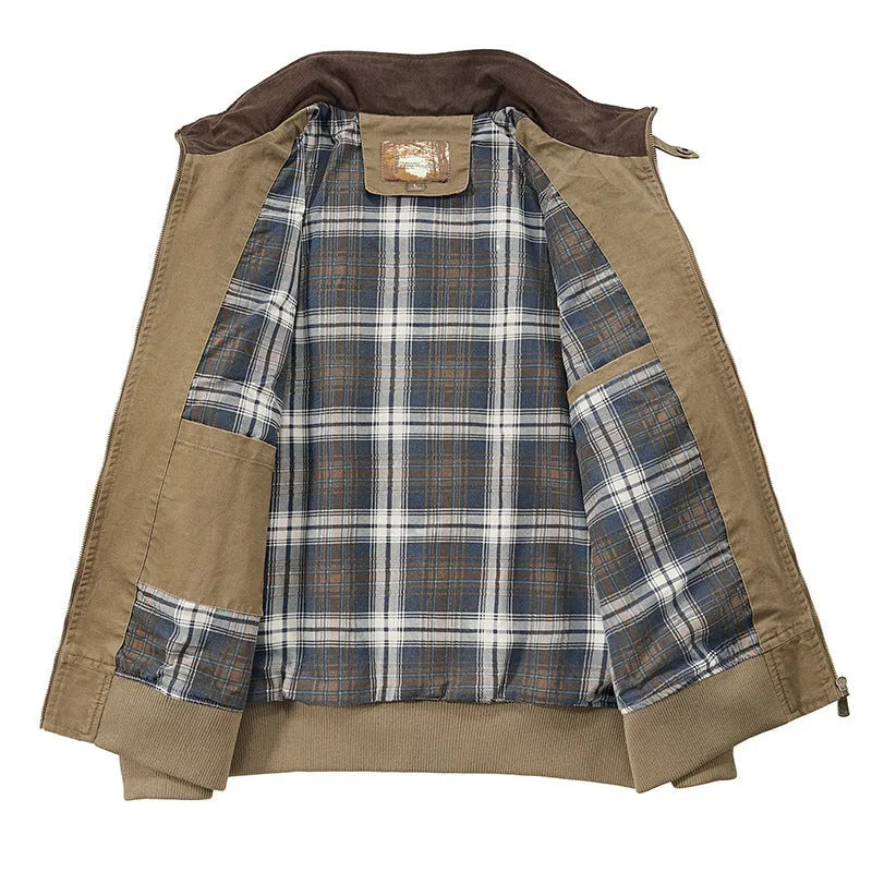 Men's plus size washed cotton baseball flight jacket in beige colour