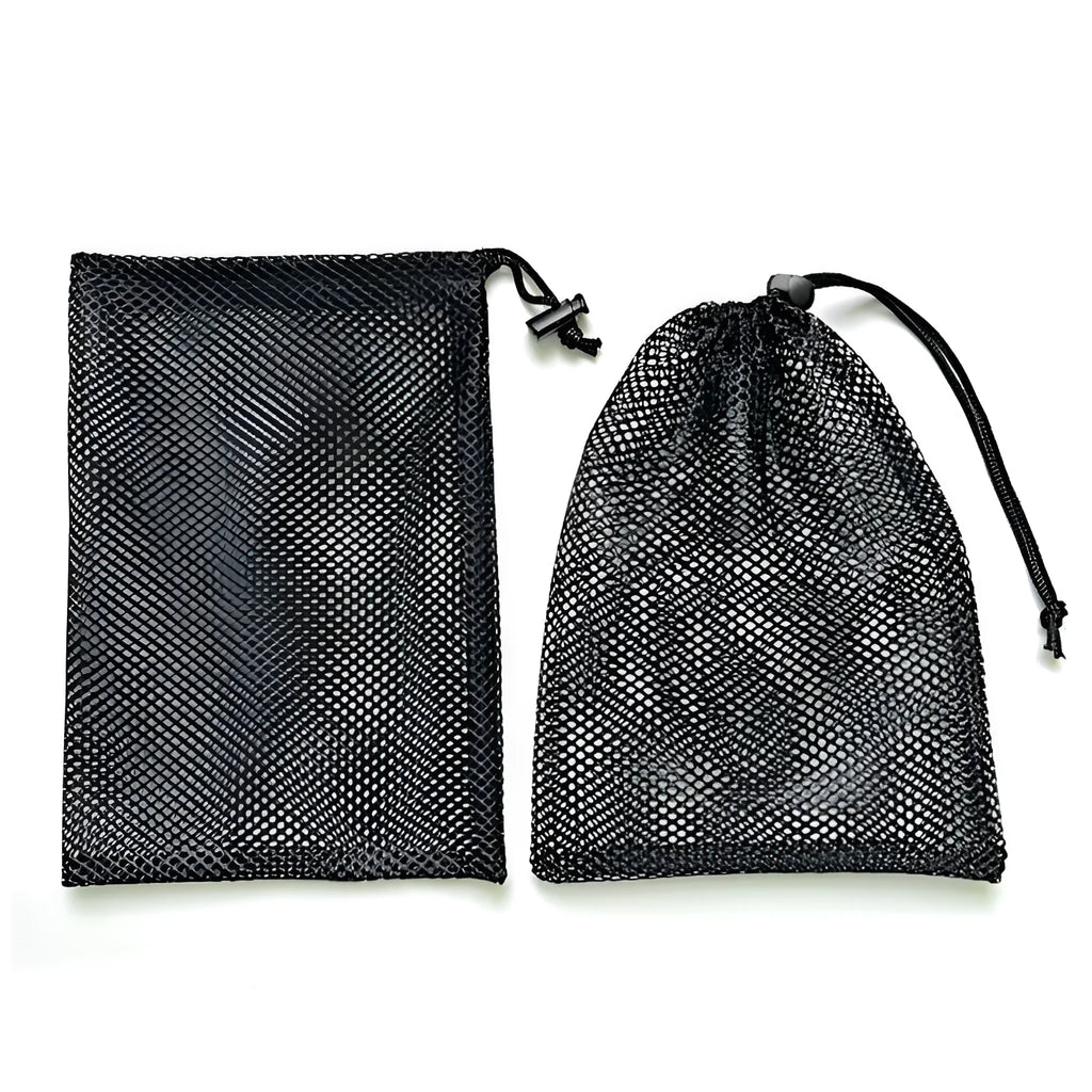 Black mesh drawstring storage bag for children's water balloon toys showing bottomless side design