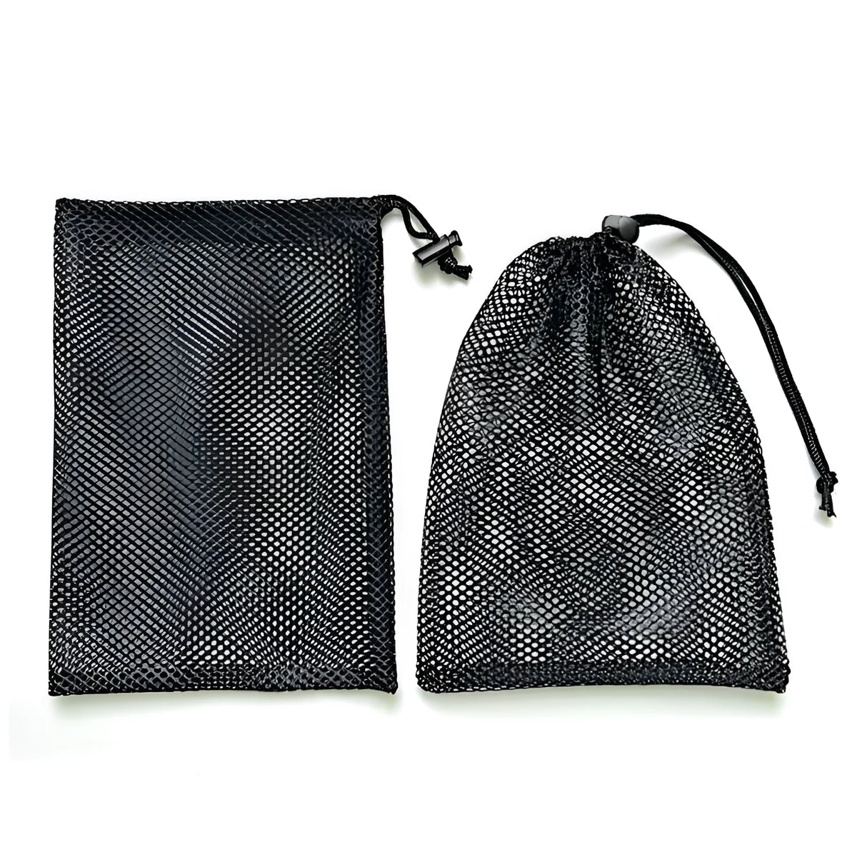 Black mesh drawstring storage bag for children's water balloon toys showing bottomless side design