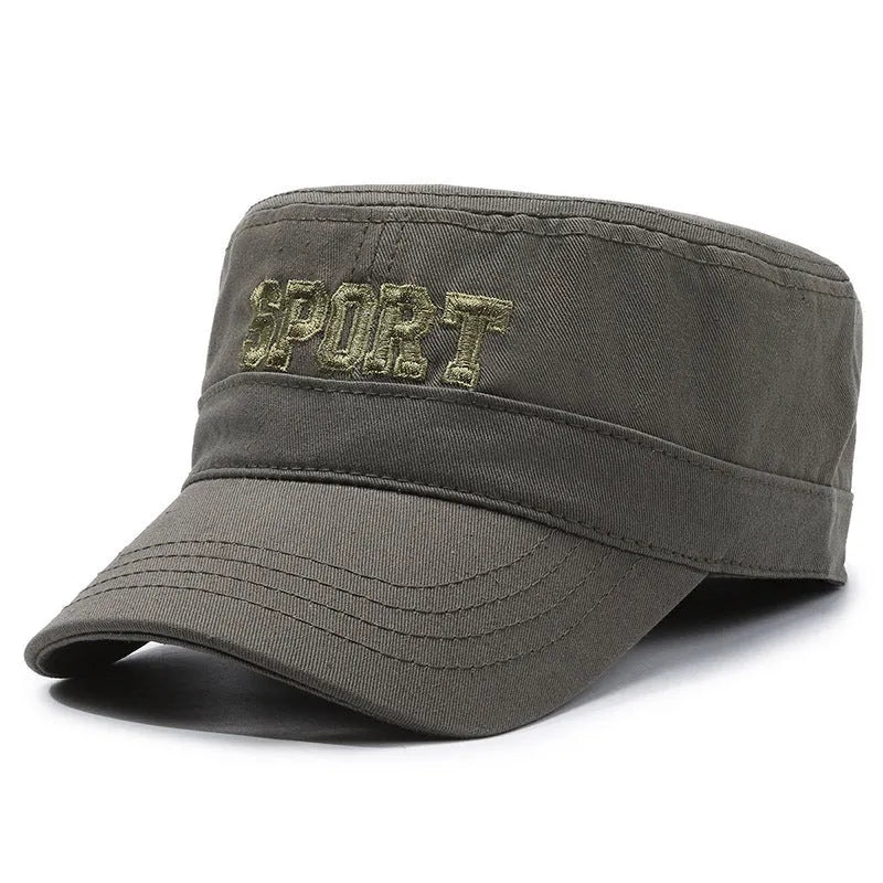 Men's cotton flat-top peaked cap in adjustable size with dome crown