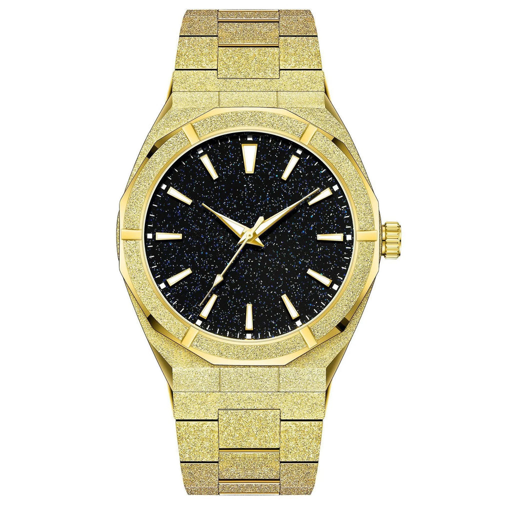Men's frosted stainless steel business watch with luminous markers on dial in silver colour.