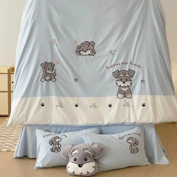 Cute Schnauzer cartoon design cotton bedding set with embroidery details showing quilt cover, sheet, and pillowcase