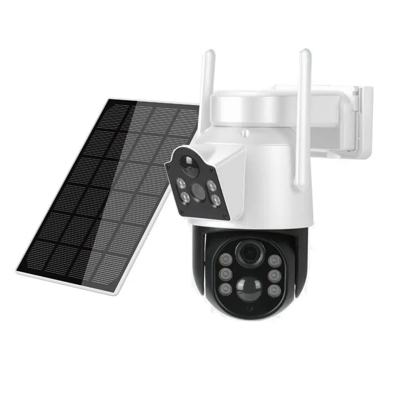 Outdoor solar-powered wireless WiFi security camera with solar panel on white background
