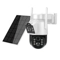 Outdoor solar-powered wireless WiFi security camera with solar panel on white background