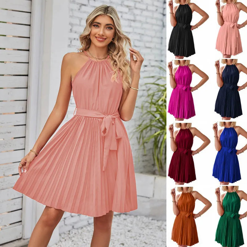 Women's black halter-neck strapless chiffon sundress with a pleated midi skirt and waist belt