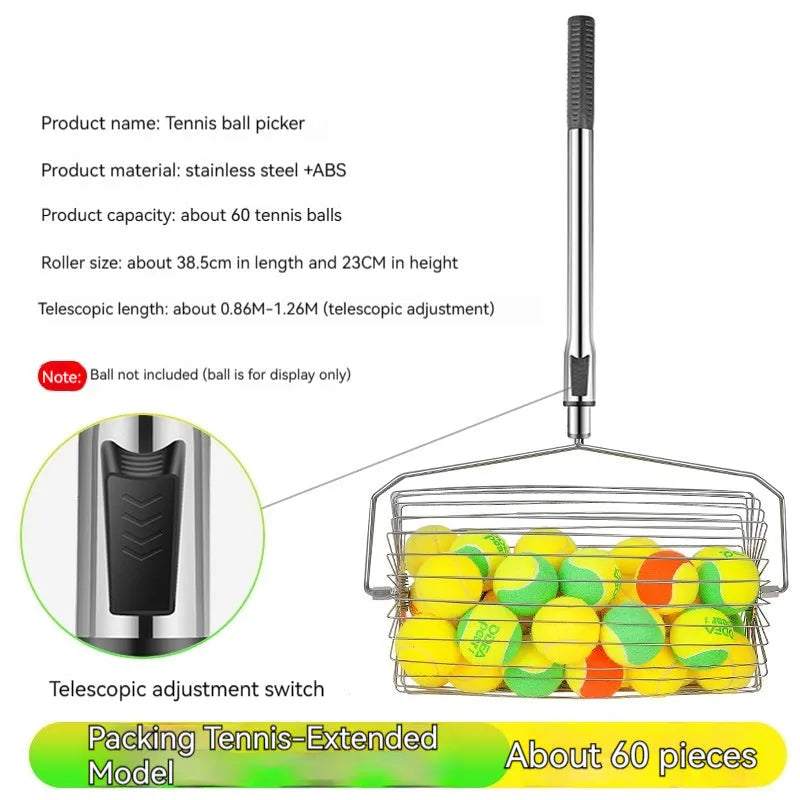 Stainless steel roller tennis ball picker with adjustable telescopic handle.