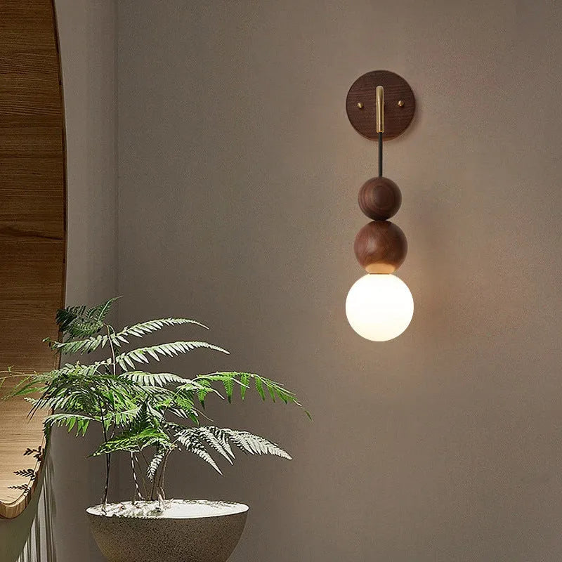 Walnut wood and copper wall lamp with suspension wire and tricolour lighting