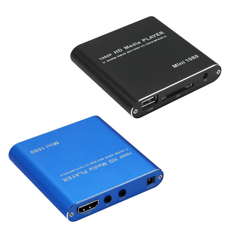 Compact blue 1080P HDMI media player with SD card and USB ports