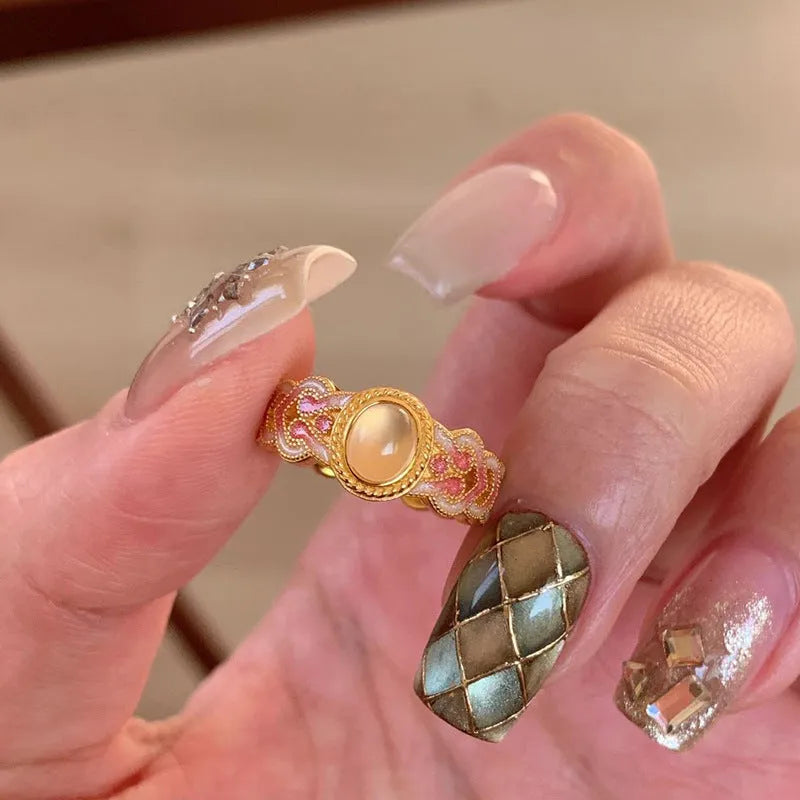 Escape women's open band ring with pink crystal and enamel geometric design