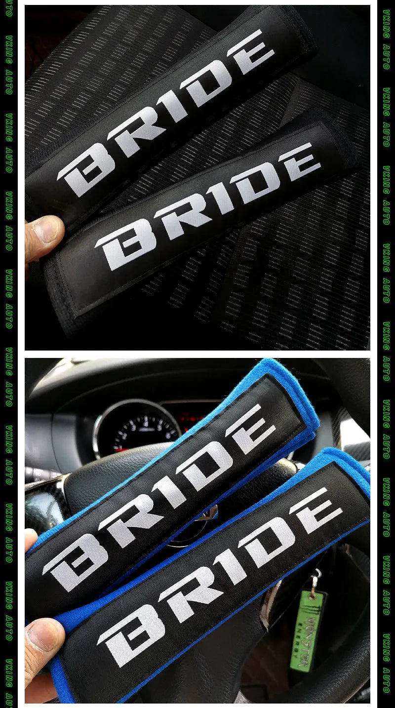 Cotton sponge cloth car seat belt shoulder pads in black, blue, and red colours, showing embroidered weaving detail.