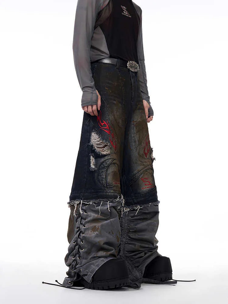 Men's wide-leg retro jeans with detachable trouser legs in denim