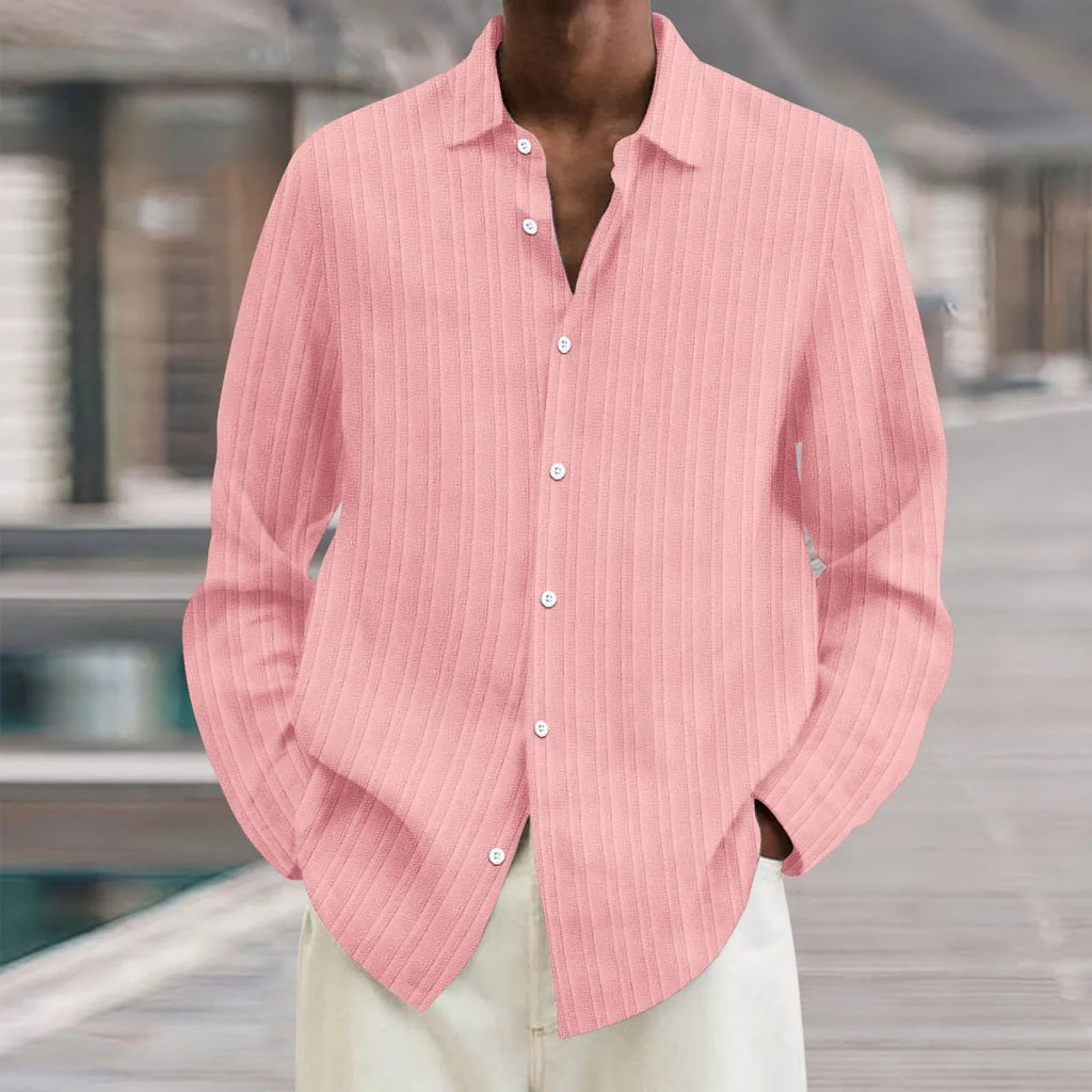 Men's striped British style cardigan shirt in pure colour polyester blend fabric with 3D pattern
