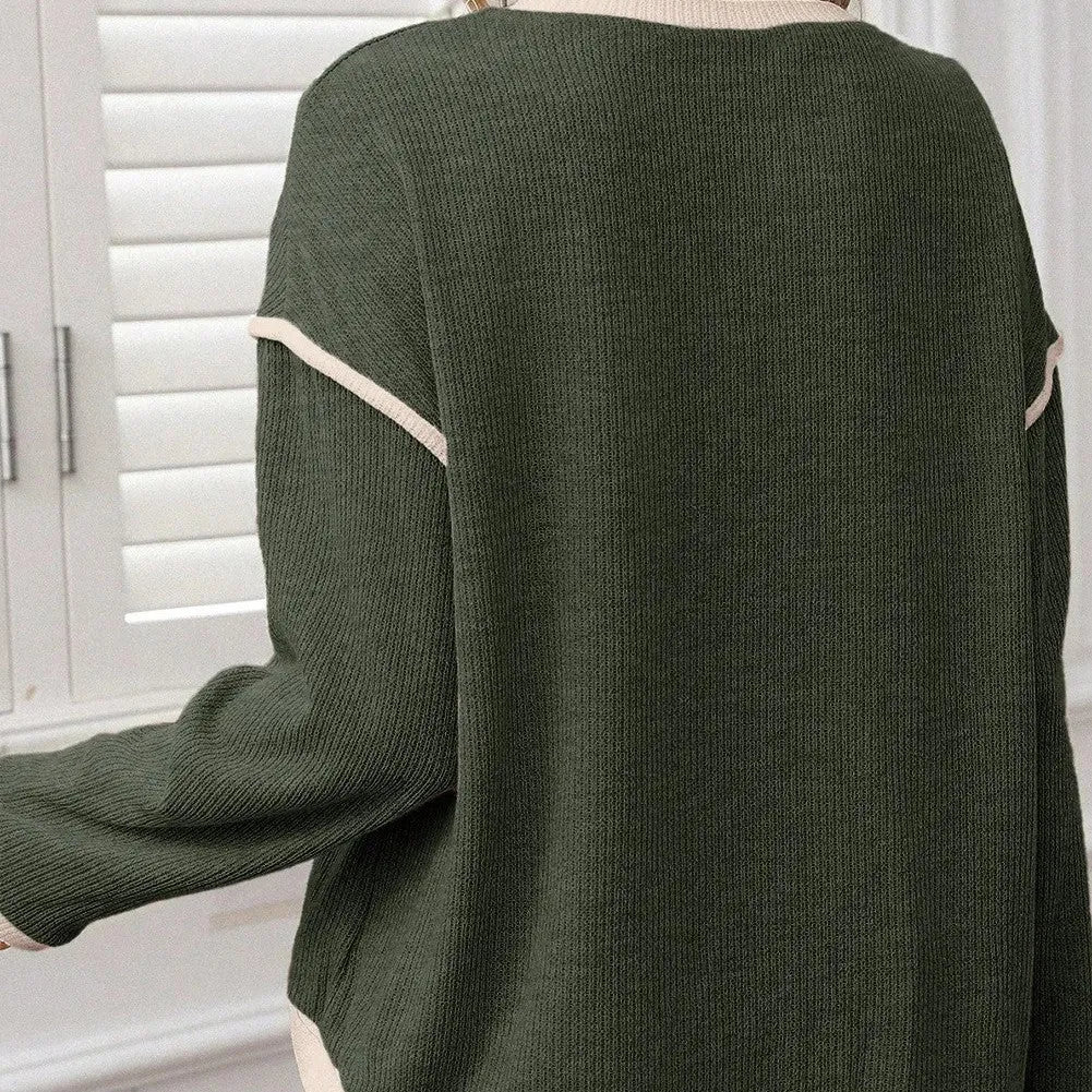 Four leaf clover contrast trim knit drop shoulder loose top in beige colour