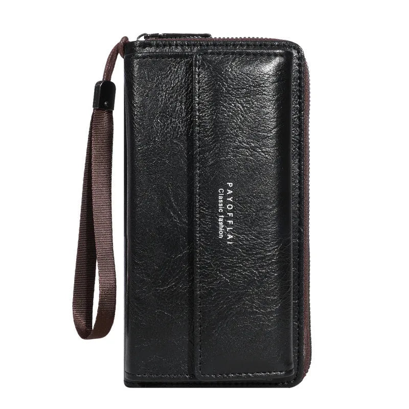 Men's black PU leather long wallet with multiple card slots, shown open and closed.