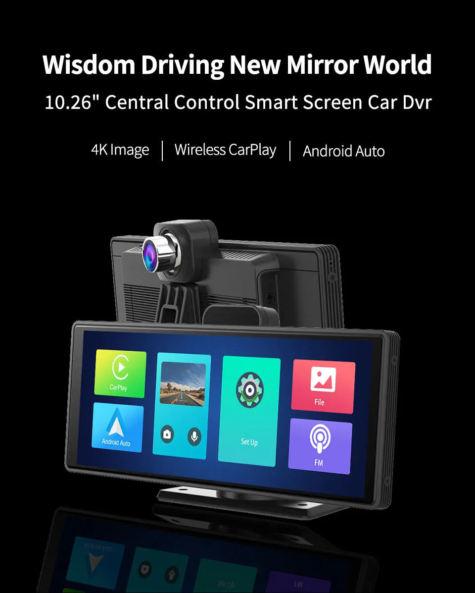 10.26 inch touch screen car dash camera unit with front and rear recording cameras displayed