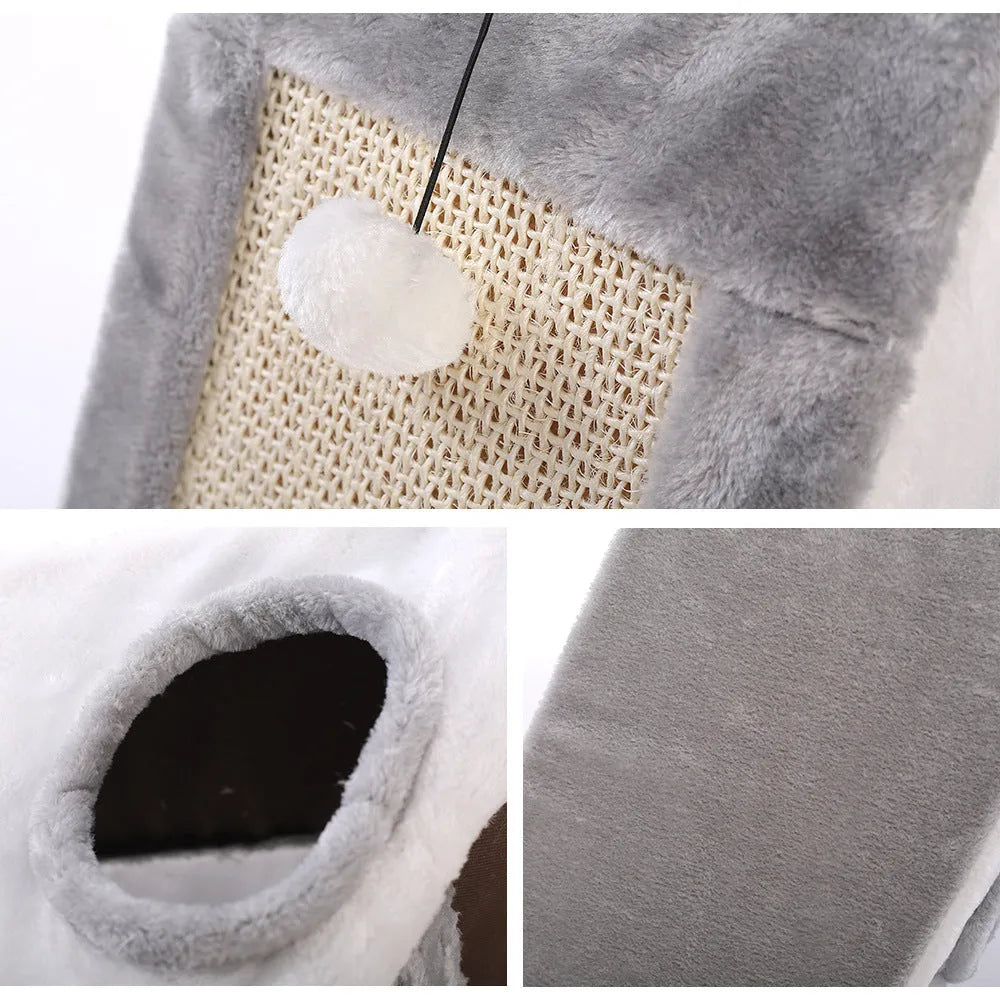 Triangular grey and white cat bed with integrated sisal scratching surfaces.