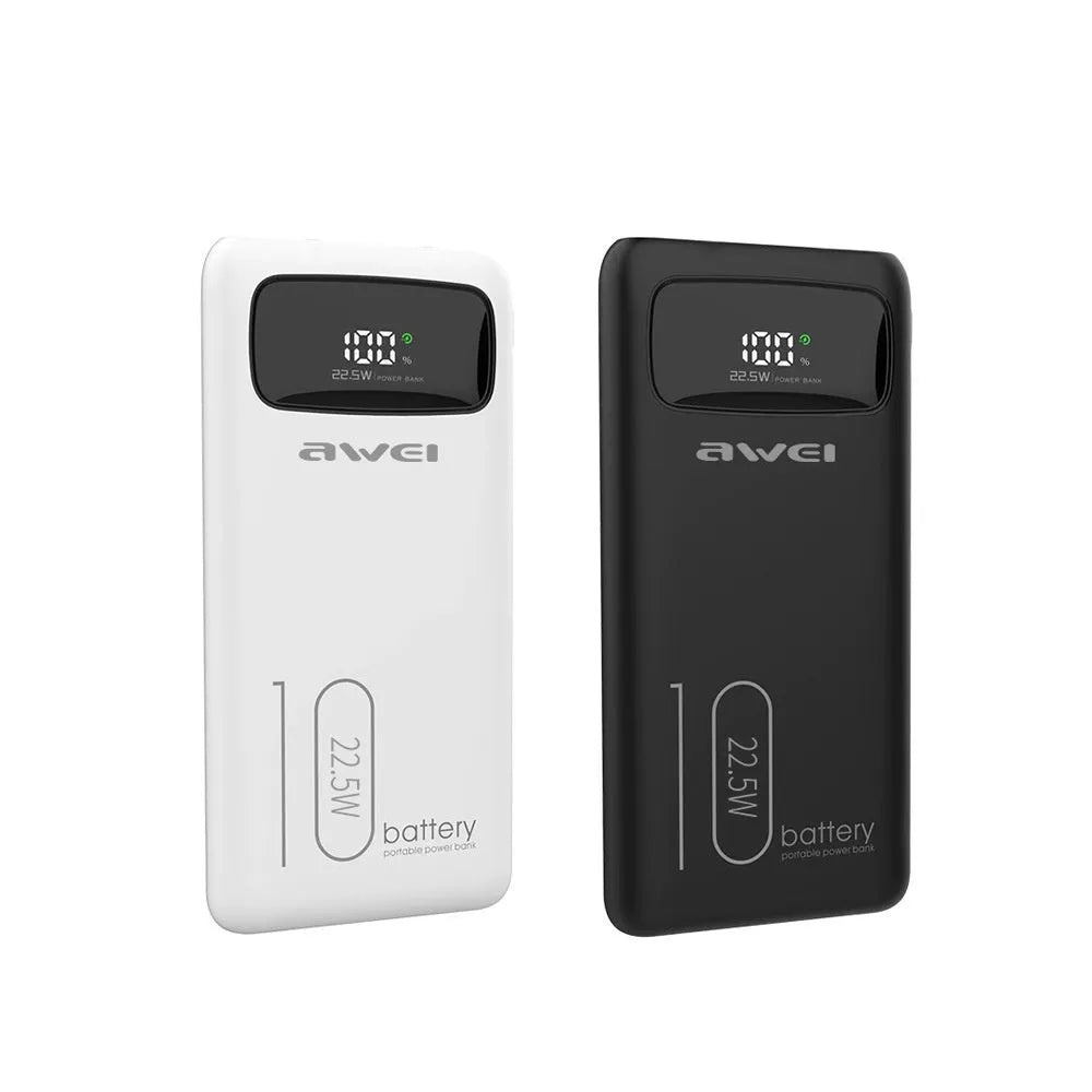 Fast charge power bank 10000mAh or 20000mAh, PVC shell, 68 × 15.5 × 141mm, black or white
