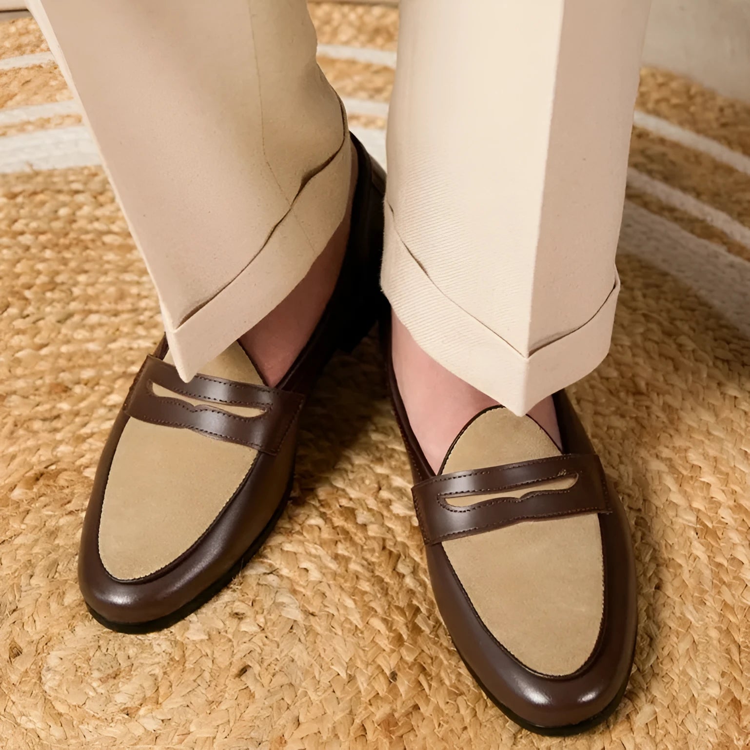 Coffee-grey suede leather men's loafers with a rubber sole and slip-on design