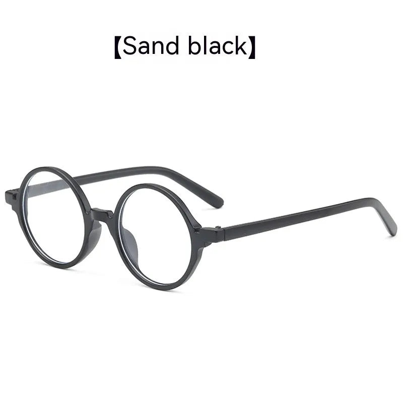 Artistic retro round glasses flat lens spectacles in bright black, sand black, tofu pudding and transparent grey frames