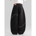 Black straight-leg polyester denim trousers with micro-elastic construction