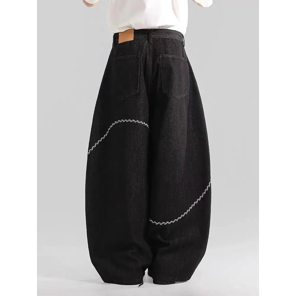 Black straight-leg polyester denim trousers with micro-elastic construction