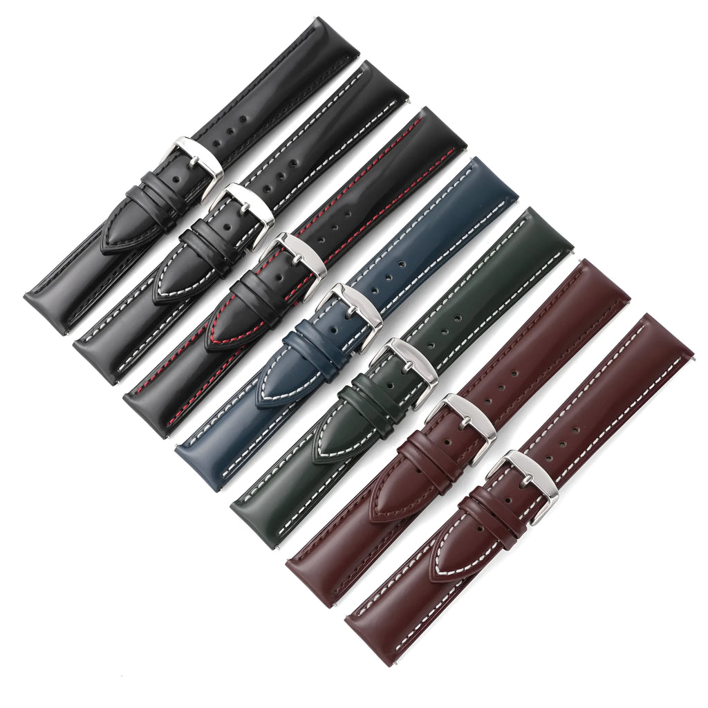 Bright cowhide leather watch strap with quick release ears in multiple colour and width options