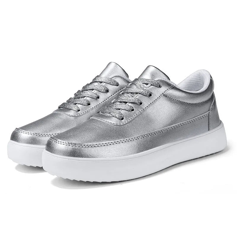 Women's leather lace-up casual flat shoes in gold, silver, and white colour options