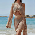 Khaki women's holiday suit with bell sleeves and hollow-out design showing top and skirt pieces