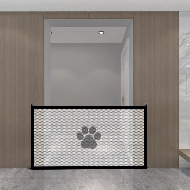 Folding dog barrier net fence with pet doorsill pattern, shown in doorway setting