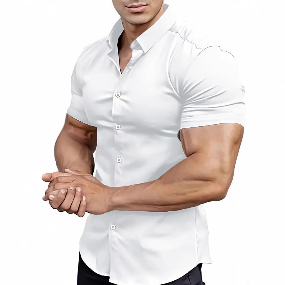 Men's casual short sleeve printed shirt cardigan in polyester, shown in brown colour.