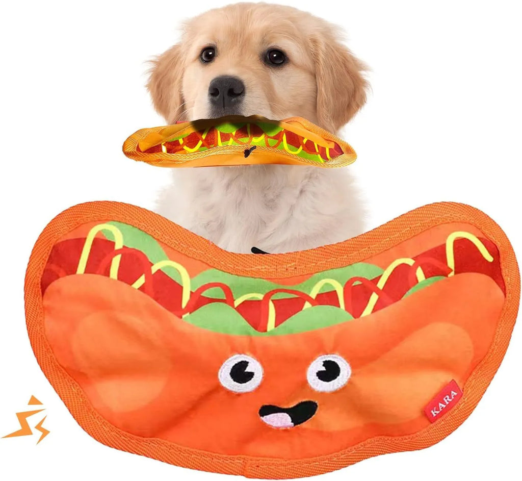 Hamburger-shaped crinkle and squeaky dog toy with vivid colours