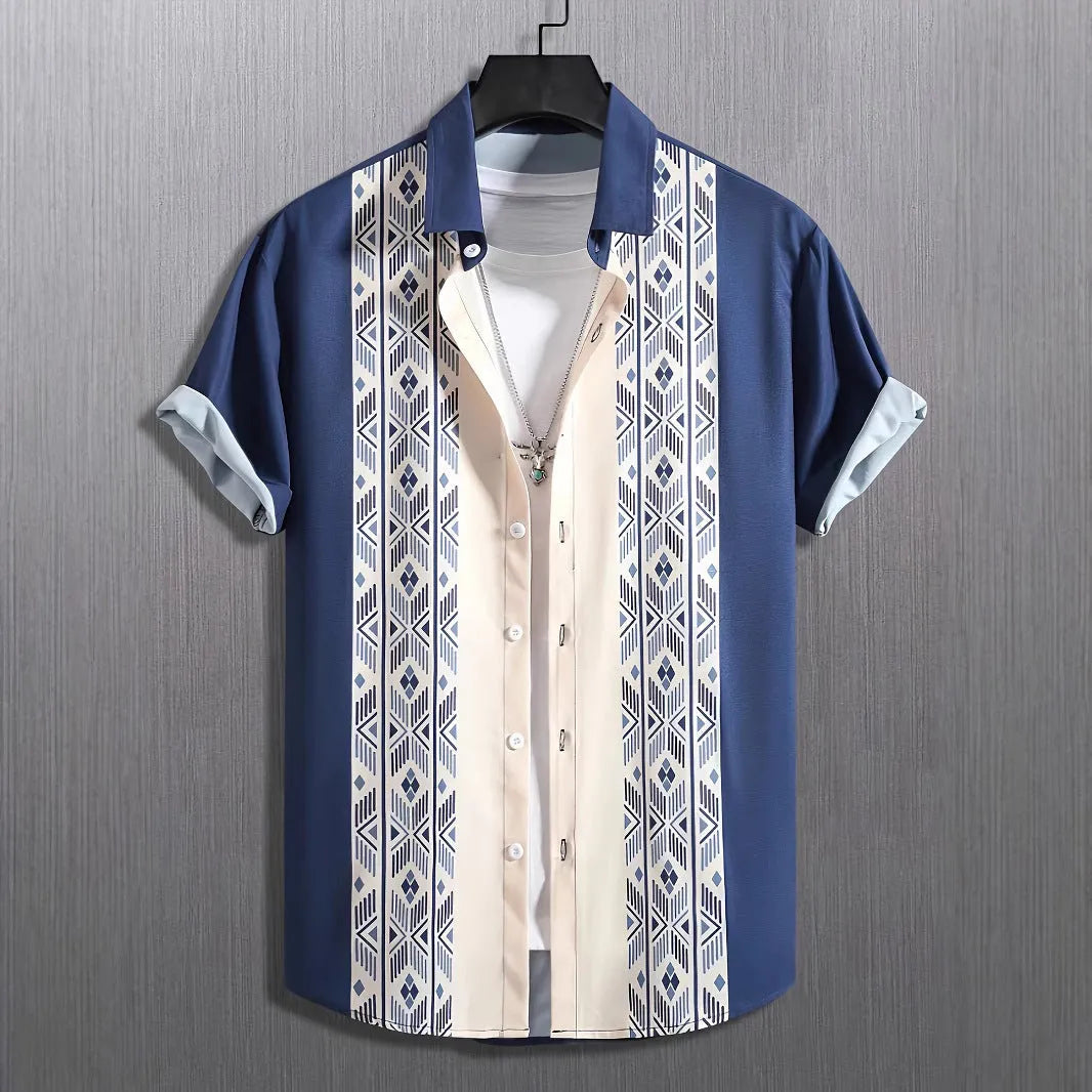 Men's loose fit short-sleeved lapel shirt with a printed plaid pattern, shown in a choice of colours.