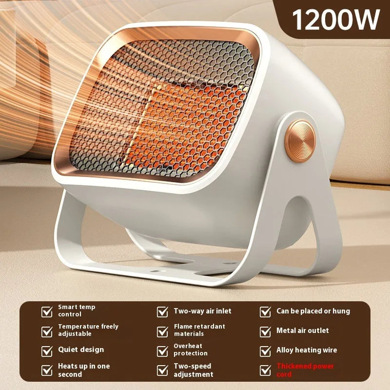 Compact white desktop electric heater with rotatable body and push-button controls.